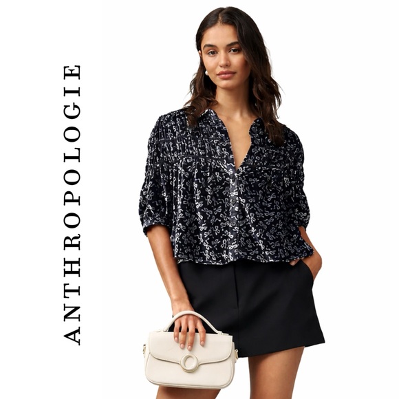 Anthropologie Leandra Velvet Shirred Yoke Blouse by Maeve in navy